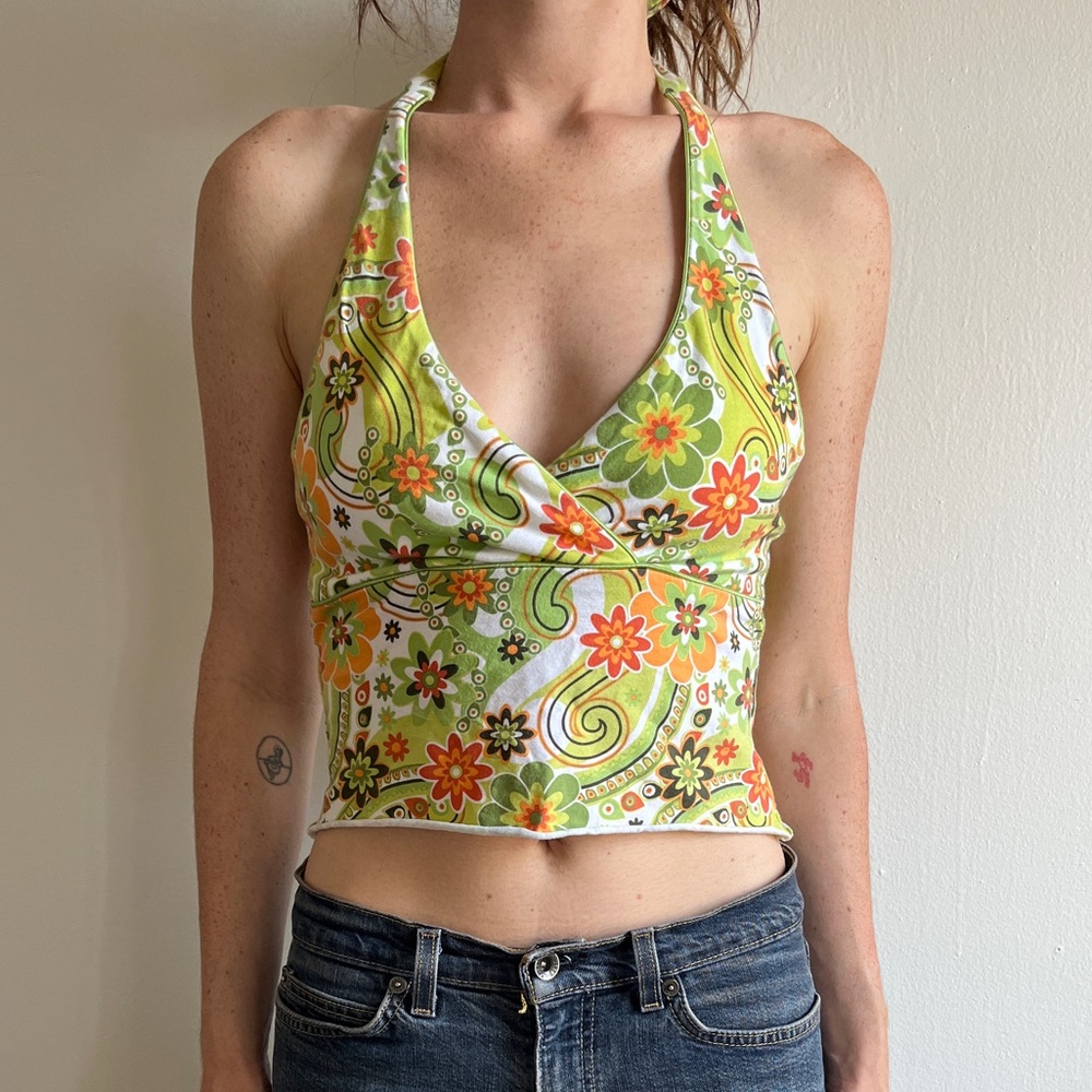 Green Flower Power Tie-Neck Halter Top